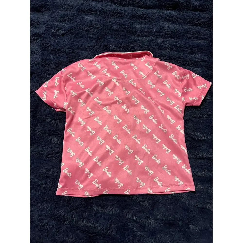 Barbie Girls Pajama Set Size 5T Pink Logo Button Up Sleepwear EUC